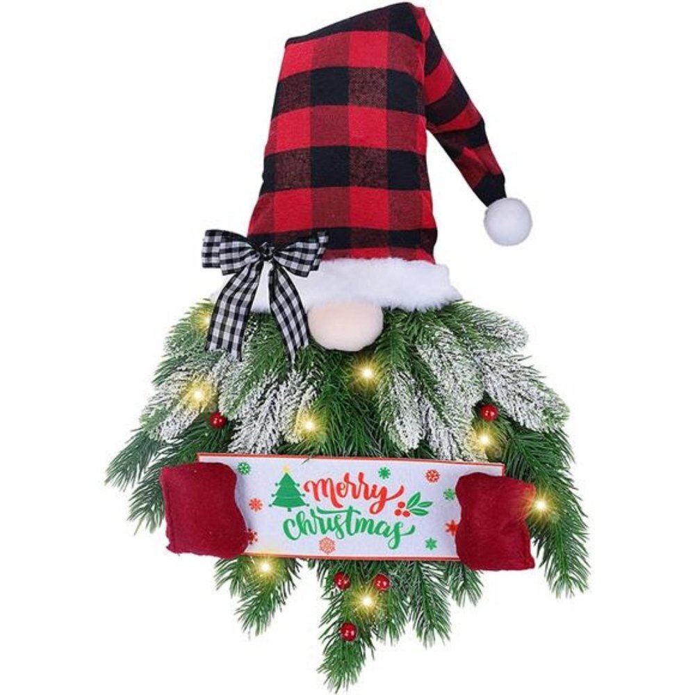 Artificial Pine Spruce Hanging Gnome Wreath with Lights